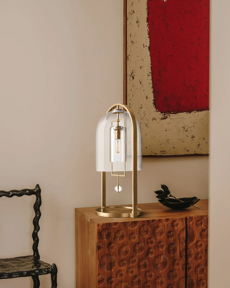 Brass Iron Frame Blown Glass Dome Shade Fulcrum Round Table Lamp 18"
