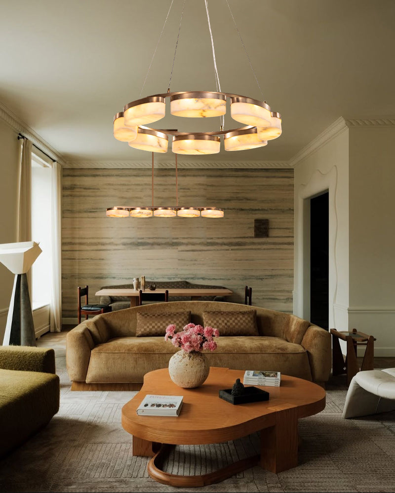 Alabaster Cluster Ring Disc Circular Pendant Light - Natural Spanish Alabaster, Lux Gold Trim - Kitchens, Dining & Living Rooms