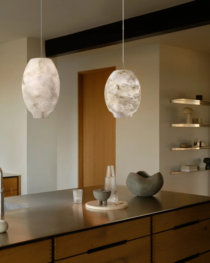 Alabaster Sculptural Geometric Halo Drum Pendant Light - Natural Spanish Alabaster, Serene Black Trim - Kitchens, Dining & Living Rooms