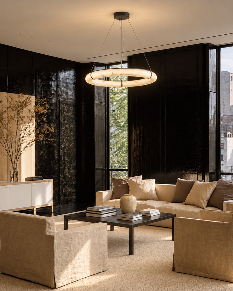 Cora Alabaster Circular Halo Suspended Ring Chandelier - Natural Spanish Alabaster, Lux Gold Trim - Living Rooms & Dining Rooms