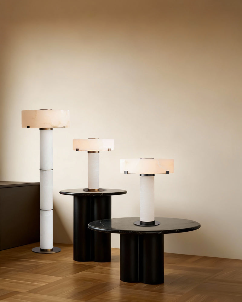 Chayla Alabaster Column Table Lamp – Hand-Carved Stone with Polished Brass/Black Accents Modern Table lamp