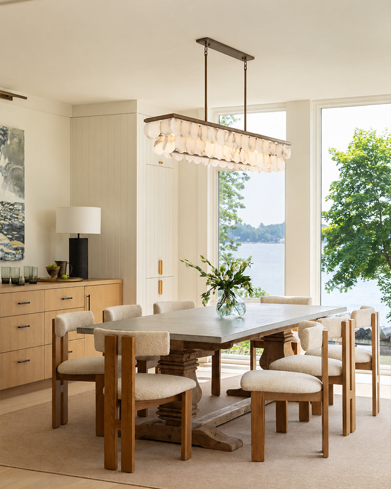 Alabaster Concentric Ring Disc Linear Kitchen Island Chandelier - Natural Spanish Alabaster, Heritage Brass Trim - Kitchen Islands & Dining Rooms