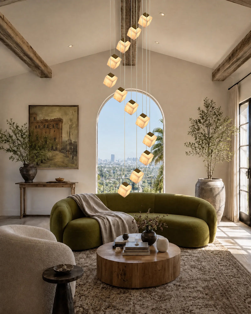Alabaster Cube Cluster Sculptural Pendant Light - Natural Spanish Alabaster, Lux Gold Trim - Lobby, Foyer, Stairwells and High Ceilings