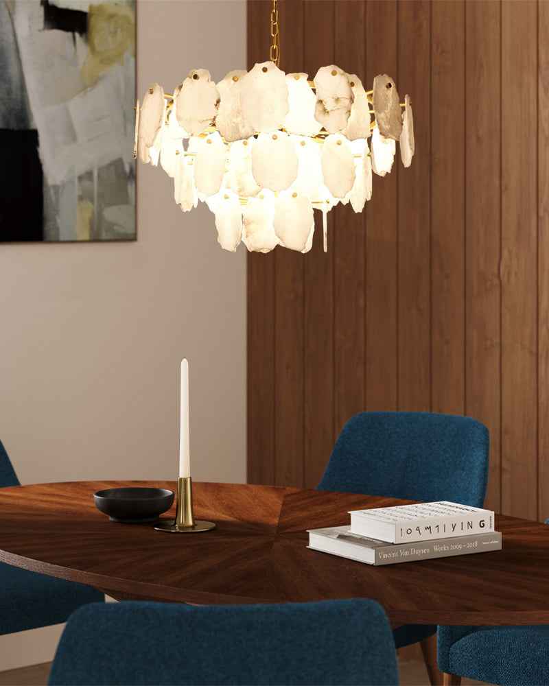 LightsStory Series Geometric Chandelier | Tier Hand-cut natural alabaster and marble, Aged Brass and Black Metal for Living rooms, dining areas, and grand entryways Luxury Modern Chandelier