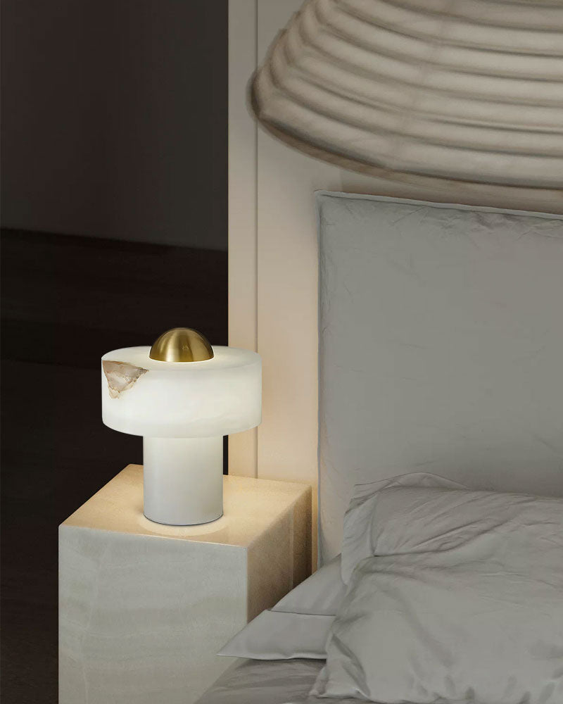 Modern White and Brass Stone Alabaster LED Cosy Table Lamp for bedroom, living room, reading