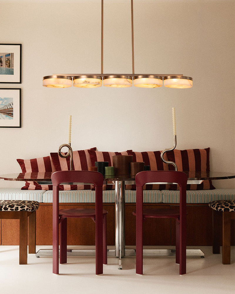 Alabaster Multi Disc Cluster Linear Pendant Light - Natural Spanish Alabaster, Lux Gold Trim - Kitchen Islands & Dining Rooms
