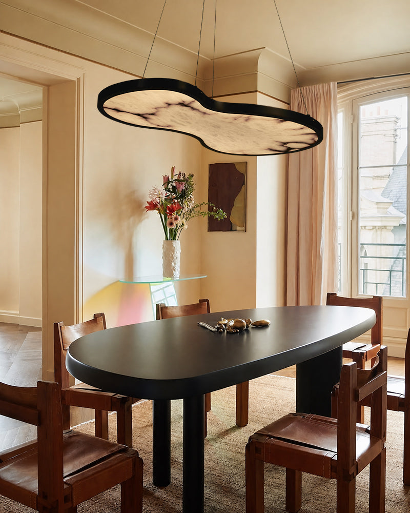 Alabaster Fabula Organic Cloud Panel Geometric Pendant Light Chandelier - Natural Spanish Alabaster Panel, Serene Black Trim - Kitchen Islands & Dining Rooms