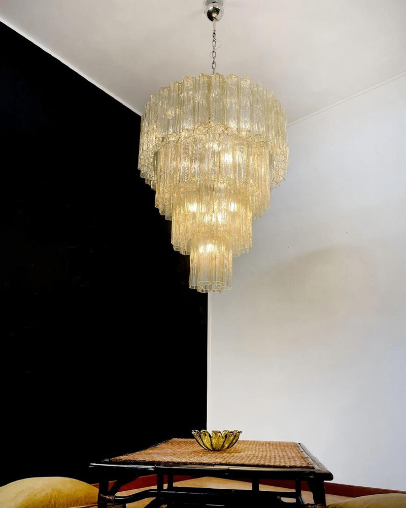 Fantastic Murano Amber Glass Tube Chandelier in Chrome & Golden Frame