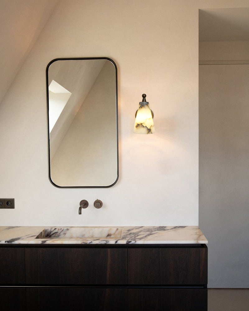LightsStory Series Ethereal Wall Sconce | Natural Stone Genuine Hand-Carved Alabaster, Rich Golden Brass for Bedside, Hallways, and Bathroom Vanities Flush Mounted Wall Sconce Lamp