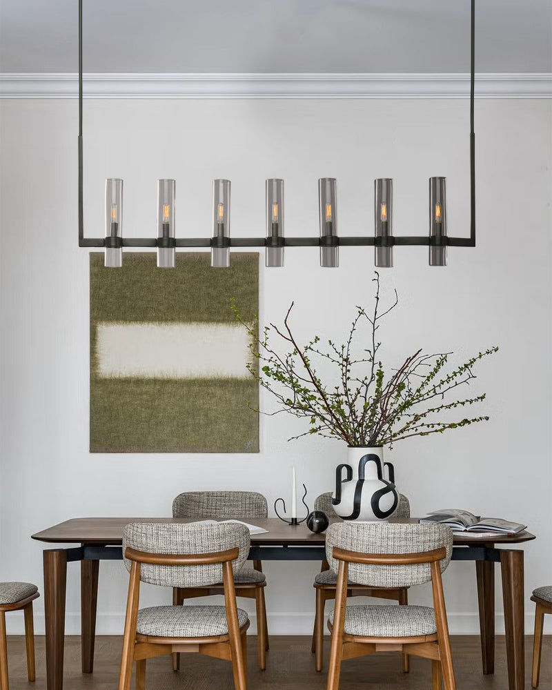 Lacquered Black/Brass Metalwork Linear Ravelle Clear Glass Chandelier Wide 54" 69" for dining room table