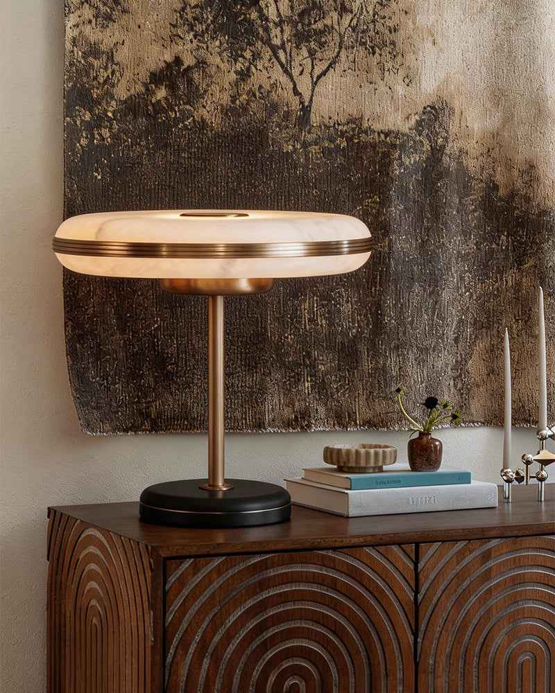 Alabaster Round Table Light - White Stone - Colorful Base - LED - Small