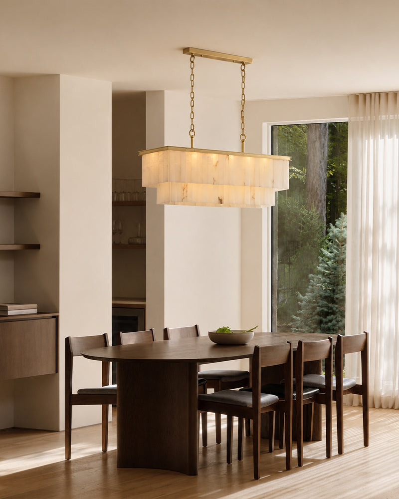 Stowe Alabaster Panel Tapered Canopy Linear Chandelier - Natural Spanish Alabaster, Serene Black Trim - Kitchen Islands & Dining Rooms