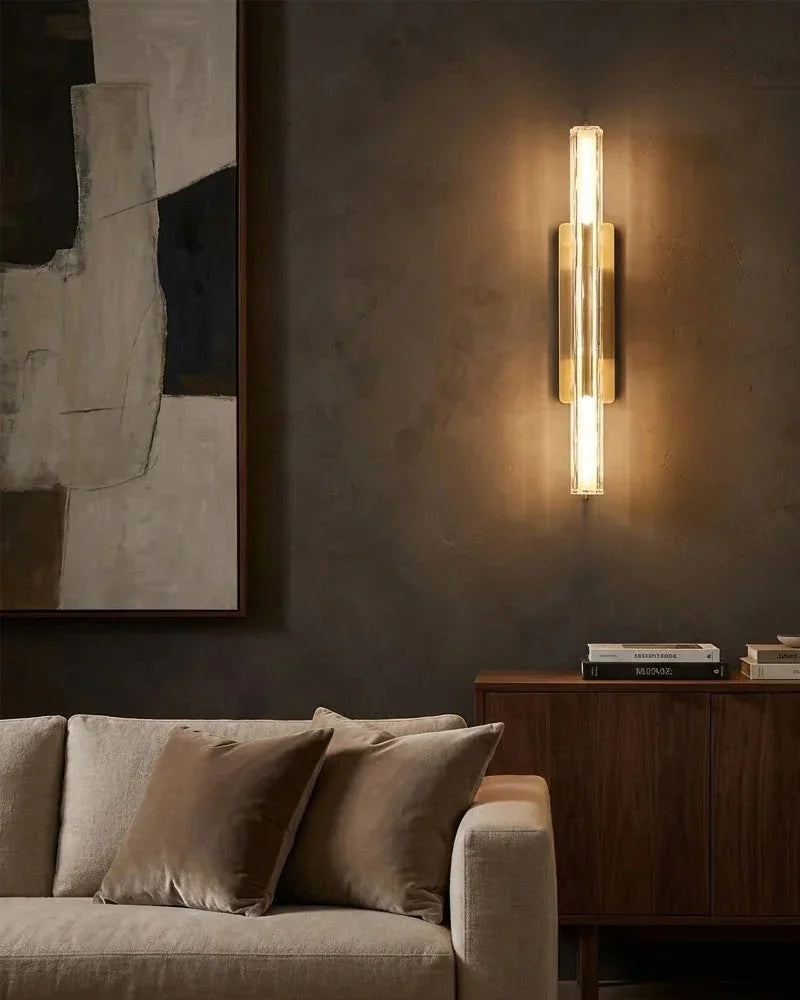 Valence K9 Crystal Fluted Tube Wall Sconce - Serene Black & Brass Trim -Single & Double Crystal Tubes