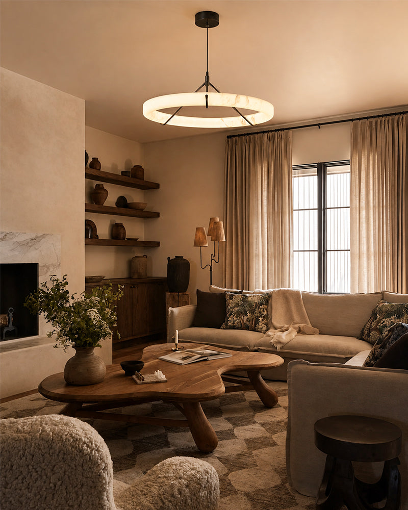 Alabaster Circular Halo Ring Cradled Arch Pendant Light - Natural Spanish Alabaster - Living Rooms & Dining Rooms