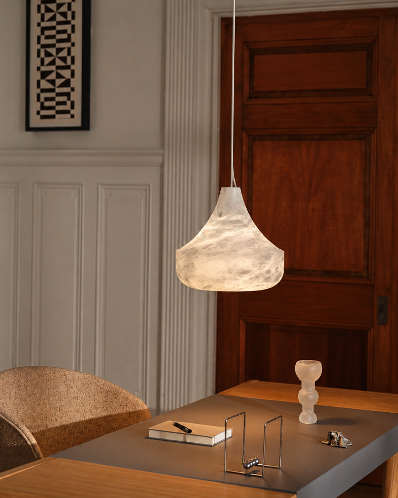 Alabaster Sculptural Tear Drop Pendant Light - Natural Spanish Alabaster, Lux Gold Trim - Kitchens, Dining & Living Rooms