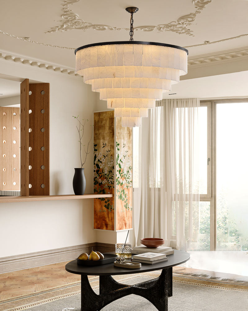 7-layer round alabaster chandelier in modern living room setting