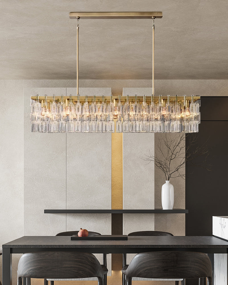 K9 Crystal Multi Tiered Concentric Glass Prism Linear Chandelier - Precision-Cut Crystal, Lux Gold Trim - Kitchen Islands & Dining Rooms