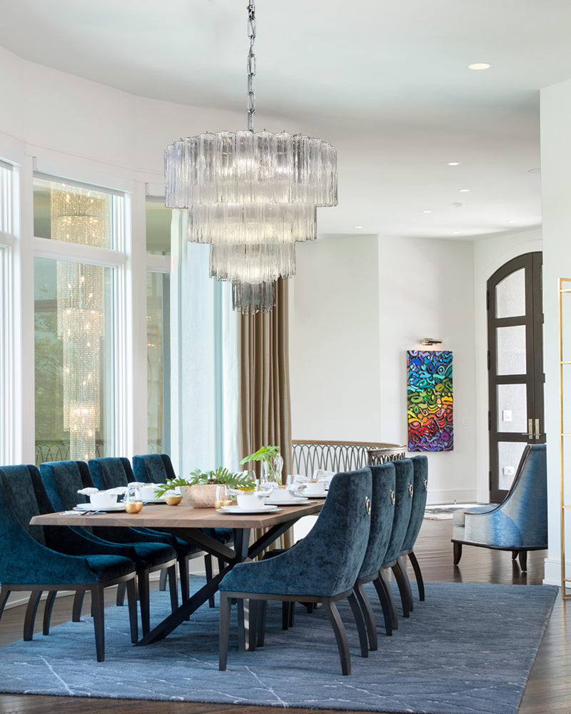 Classic Murano Transparent Glass Tube Chandelier Brushed Gold & Chrome Frame