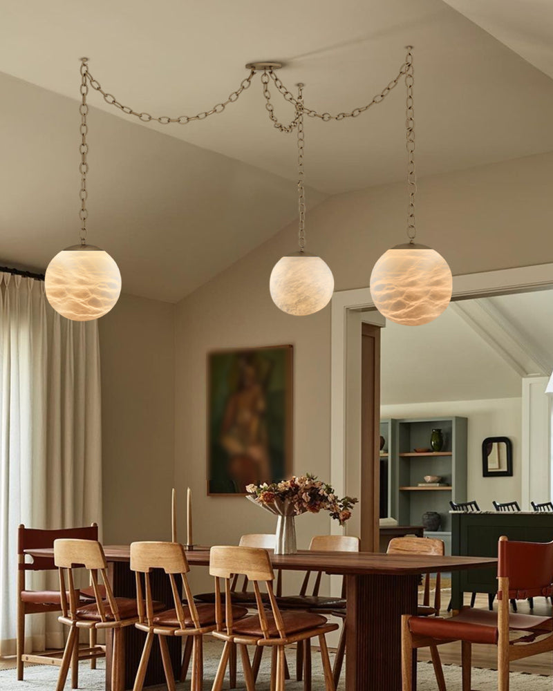 Modern Moon Alabaster Globe Swag Chandelier Wide 6" 8" 10" | Brass/Black Chain