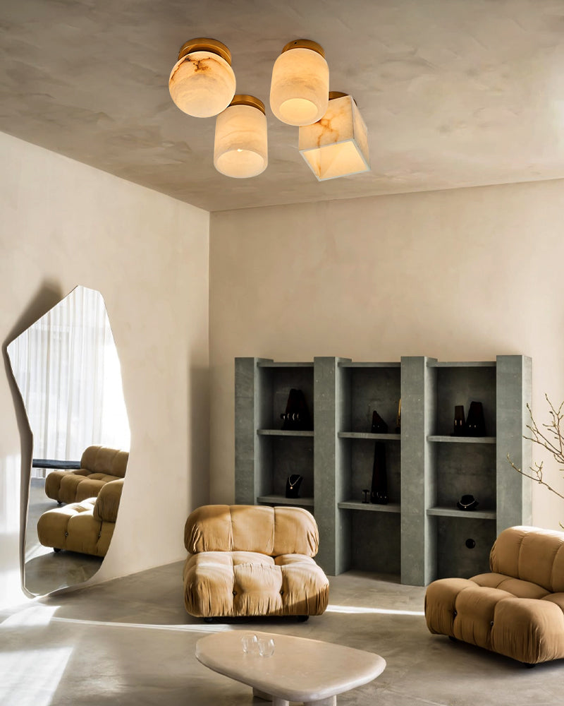 Alabaster Cylinder Ceiling Light - Natural Spanish Alabaster, Flush Mount, Heritage Brass Trim - Bedrooms, Hallways, Bathrooms & Living Rooms
