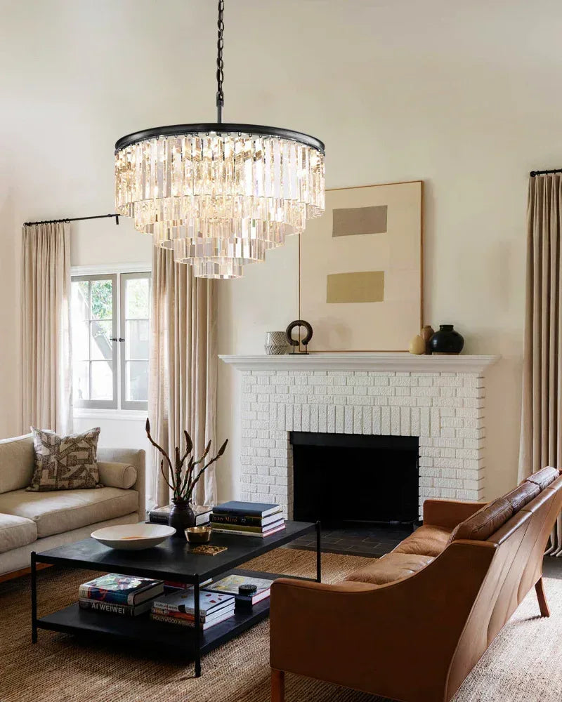 LightsStory Series Prismatic Chandelier | Multi-tier Triangular Crystal Precision-cut triangular crystal rods and sturdy iron frame, Brushed Gold and Black for Grand Foyers and Dining Rooms American chandelier