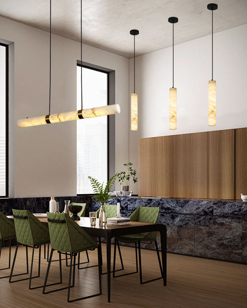 Tubular Bells Alabaster Cylinders LED Pendant Lamp in horizonal & vertical