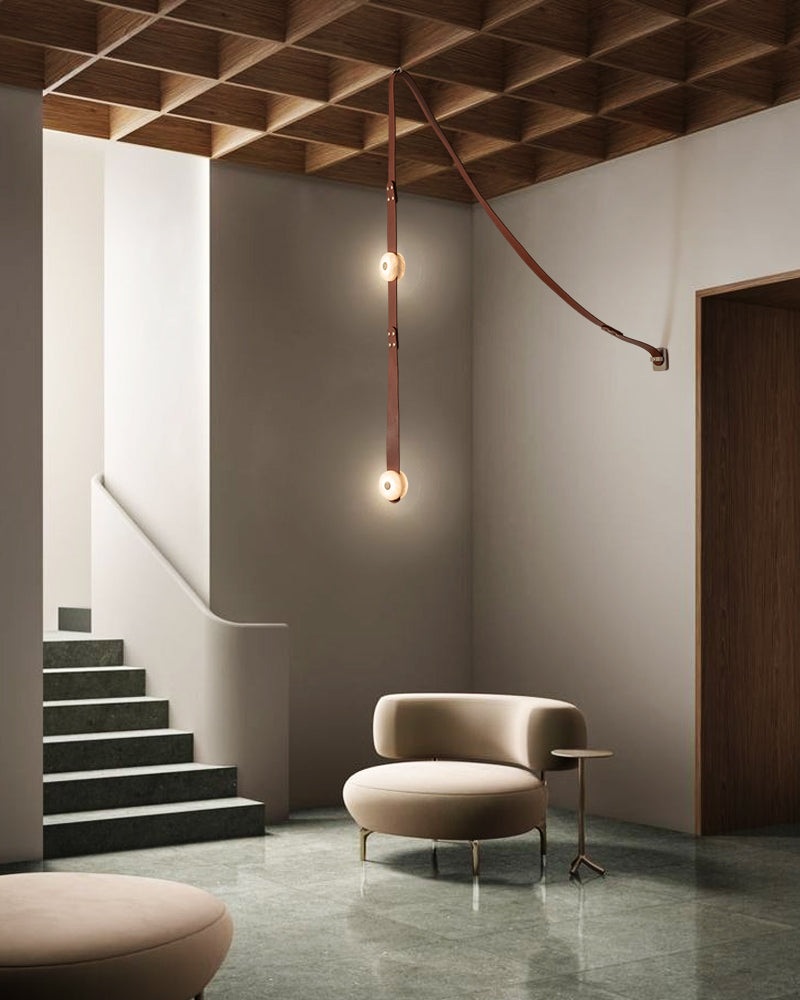 Modern Brass LED Alabaster Snaps Wall Sconce with Leather straps in Brown/Black/White Finish