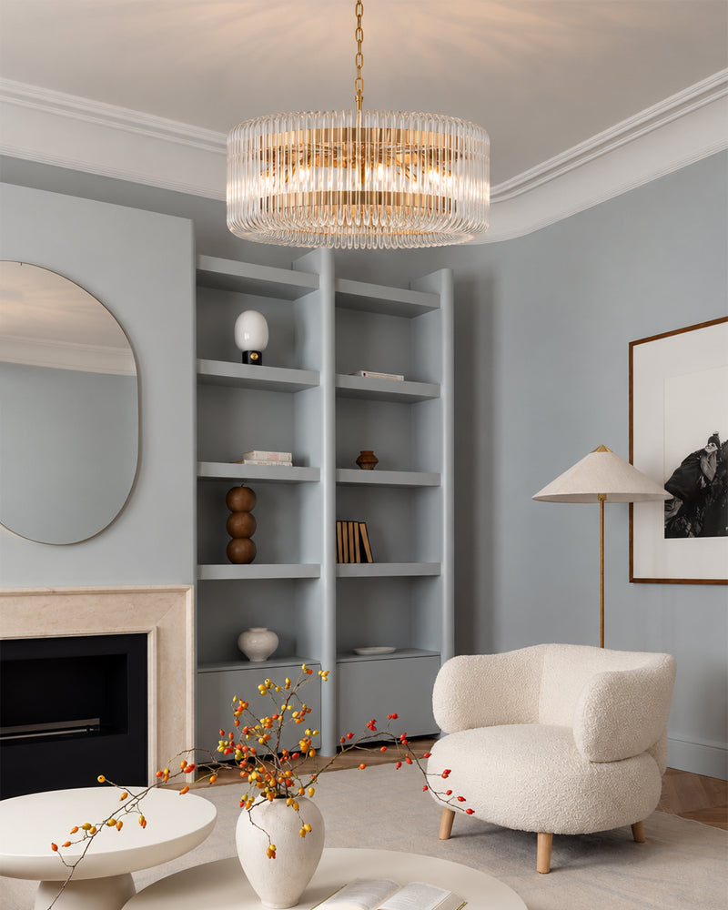 Solstice Aura Fluted Glass Round Drum Pendant Light - Lux Gold Trim - Living Rooms & Dining Rooms