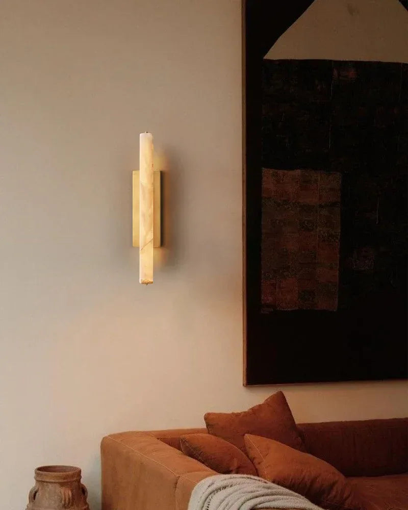 Valence Series Architectural Wall Sconce | Vertical Linear Sleek Brass and Raw Veined Alabaster, Burnished Brass and Black for Modern Living Rooms and Hallways Flush Mounted Wall Sconce Lamp