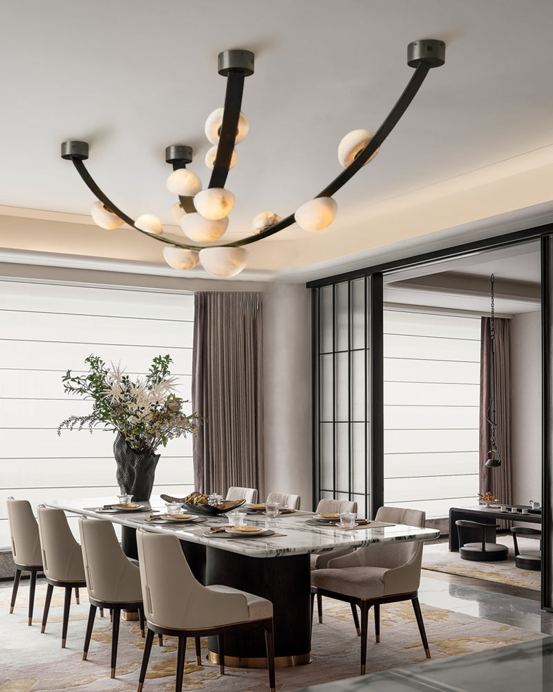 Leather pendant lamps with semicircular marble diffusers on a U-shaped strip metal base