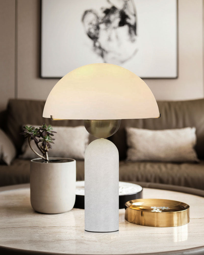 G9 Alabaster white marble table lamp with dome shade on modern round coffee table