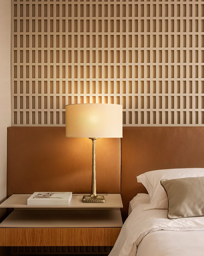 Classic Hammered Sculptural Trunk Drum Table Lamp - Matte Hammered Brass Stem & Fabric Drum - Bedroom & Living Rooms