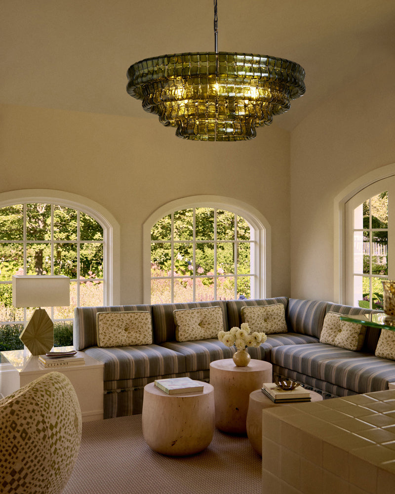 Brina Ghiaccio Murano Glass Smoked Green Cascade Pendant Light - Textured Glass, Heritage Brass Trim - Living Rooms & Dining Rooms
