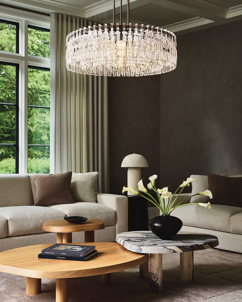 K9 Crystal Multi Tiered Concentric Glass Prism Linear Chandelier - Precision-Cut Crystal, Lux Gold Trim - Kitchen Islands & Dining Rooms