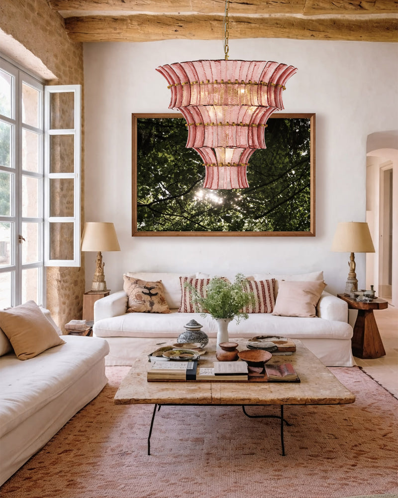 Ghiaccio Glass Blush Pink Prism Multi Tiered Waterfall Chandelier - Heritage Brass Trim - Living Room & Dining Room