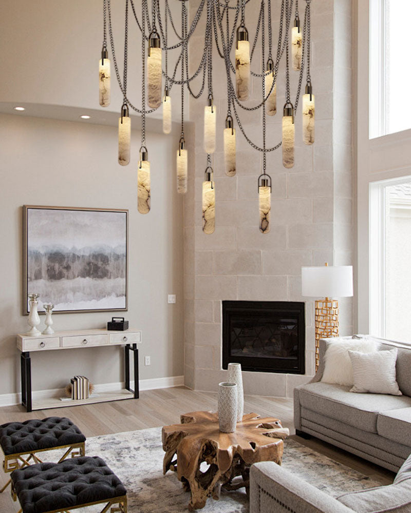 Alabaster Deco 5-Light Cluster Chandelier lamp with adjustable chain for staircase, living room, hallway