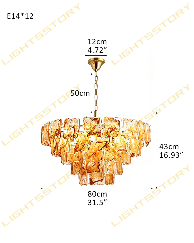 Murano Glass Amber Glow Circular Prism Multi Tiered Waterfall Chandelier - Handblown Glass, Brass Trim - Living Rooms, Dining Rooms & Bedrooms