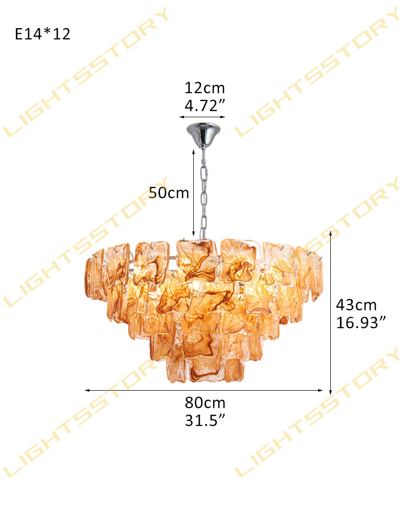 Murano Glass Amber Glow Circular Prism Multi Tiered Waterfall Chandelier - Handblown Glass, Brass Trim - Living Rooms, Dining Rooms & Bedrooms