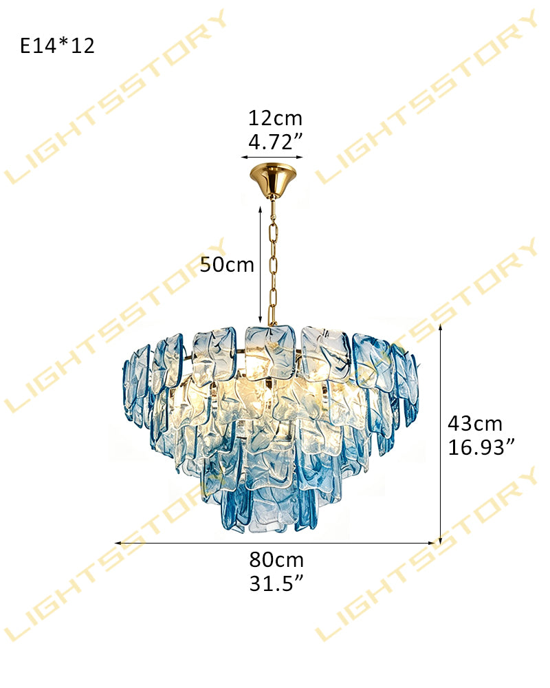 Murano Glass Azure Blue Circular Prism Multi Tiered Waterfall Chandelier - Handblown Glass, Brass Trim - Living Rooms, Dining Rooms & Bedrooms