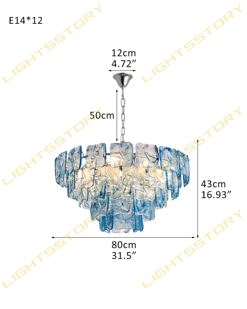 Murano Glass Azure Blue Circular Prism Multi Tiered Waterfall Chandelier - Handblown Glass, Brass Trim - Living Rooms, Dining Rooms & Bedrooms