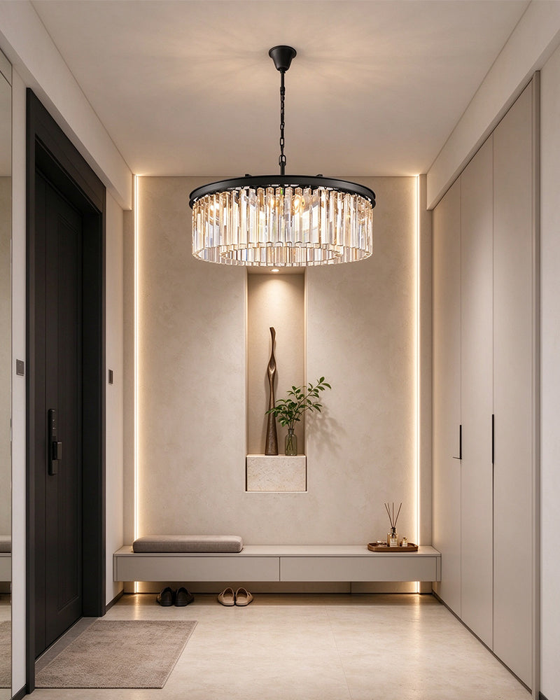 Deauville K9 Crystal Round Teardrop Prism Drum Chandelier - Precision-Cut Crystal, Serene Black Trim - Living Rooms, Bedrooms, Dining Rooms