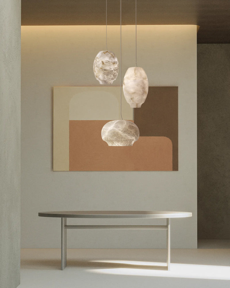 Alabaster Sculptural Geometric Tear Drop Pendant Light - Natural Spanish Alabaster, Lux Gold Trim - Kitchens, Dining & Living Rooms