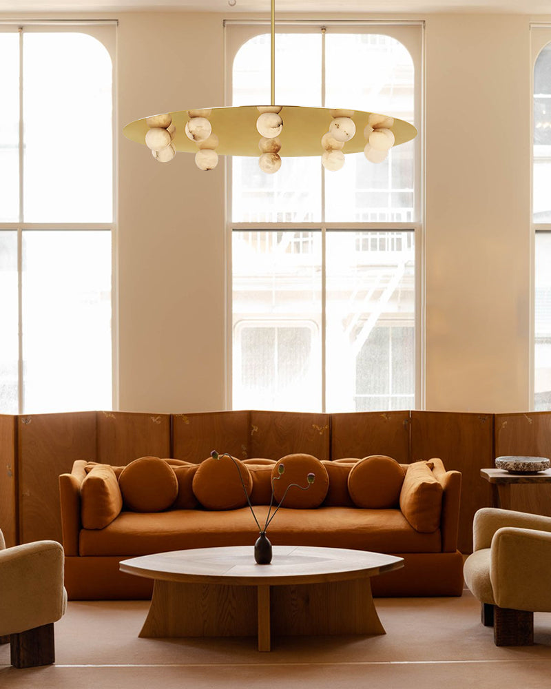 Alabaster Sphere Globes Gold Disc Canopy Pendant Light - Natural Spanish Alabaster Orbs, Lux Gold Trim - Kitchens, Dining & Living Rooms