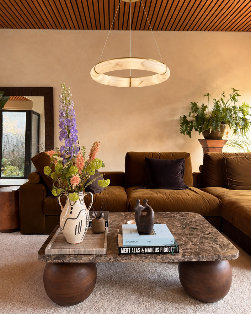 Cora Alabaster Circular Halo Suspended Ring Chandelier - Natural Spanish Alabaster, Lux Gold Trim - Living Rooms & Dining Rooms