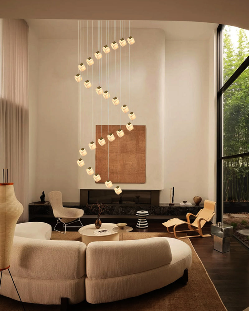Alabaster Cube Cluster Sculptural Pendant Light - Natural Spanish Alabaster, Lux Gold Trim - Lobby, Foyer, Stairwells and High Ceilings