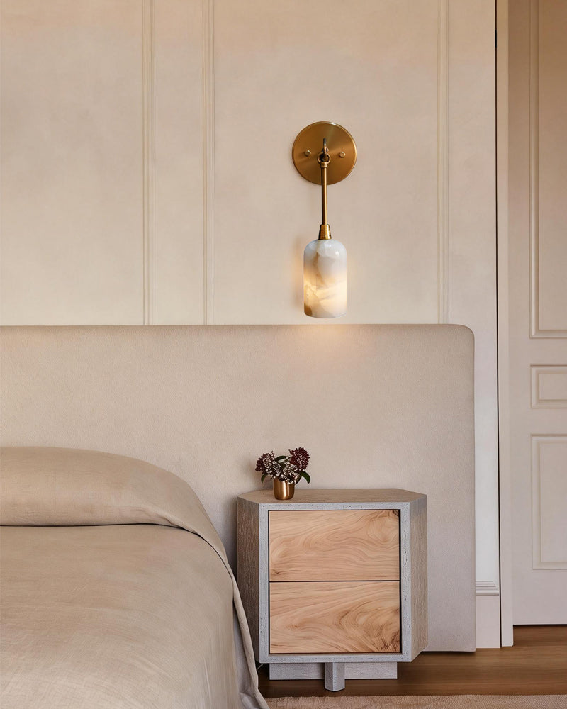 Graceful Alabaster & Brass Wall Sconce | Natural Marble Ambient Light | Mid-Century Modern Luxury Wall Lamp Flush Mounted Wall Sconce Lamp