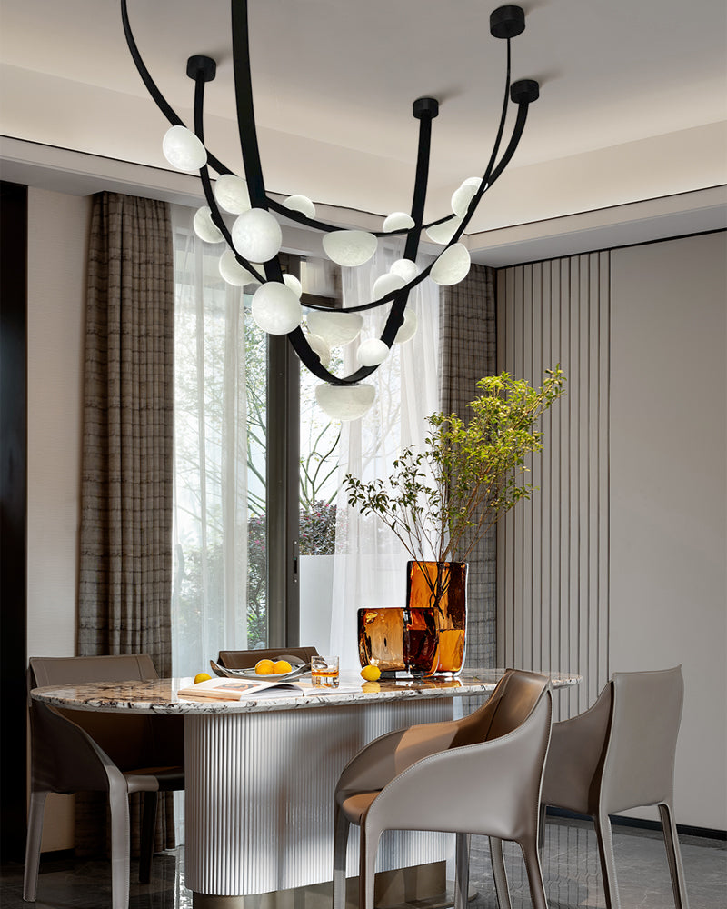 Leather pendant lamps with semicircular marble diffusers on a U-shaped strip metal base