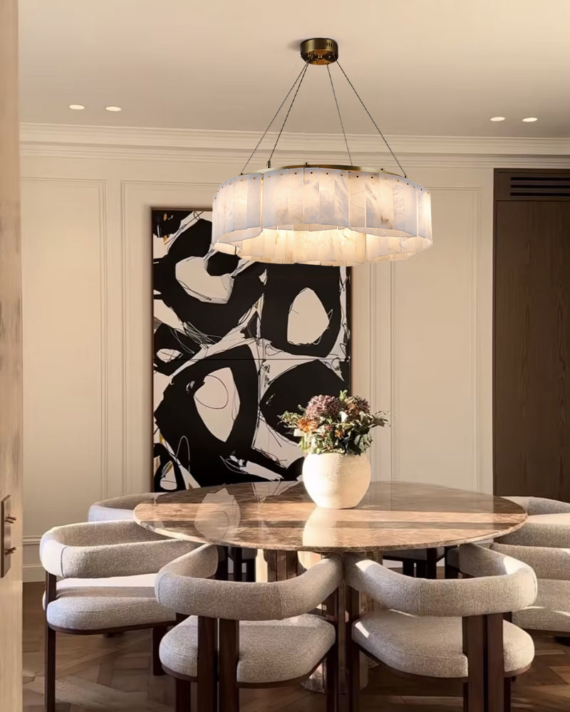 LightsStory Series Murano Swirl Ceiling Light Hand-Blown Alabaster with Brushed Brass Finish for Bedrooms, Kitchens, and Dining Rooms. Luxury Modern Chandelier