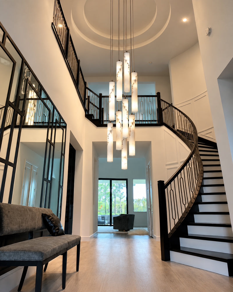 Cora Alabaster Halo Capsule Cluster Pendant Light - Natural Spanish Alabaster, Lux Gold Trim - Foyer, Stairwells & Living Rooms
