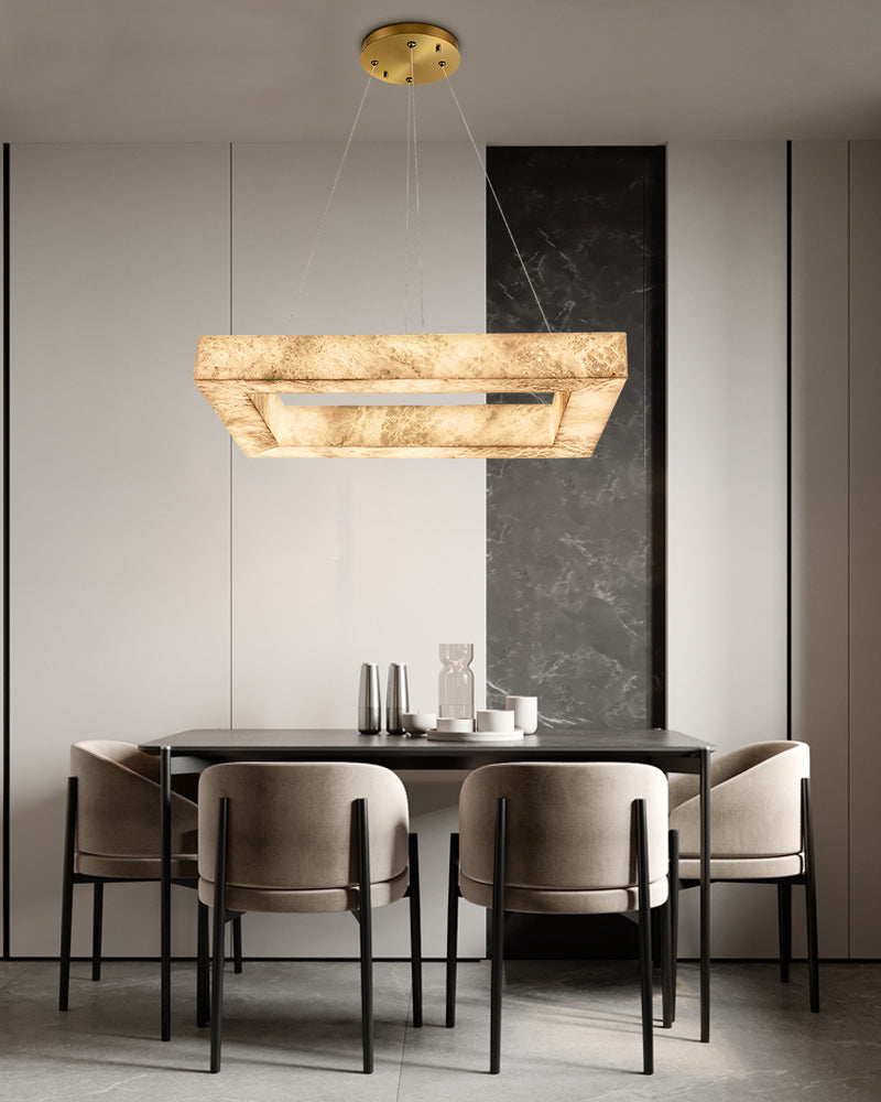 Alabaster Hollow Rectangular Halo Frame Suspended Linear Pendant Light - Natural Spanish Alabaster, Lux Gold Trim - Kitchens, Dining & Living Rooms